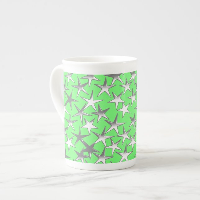 Caneca De Porcelana Estrelas prateadas, em verde lima (Frente Esquerda)