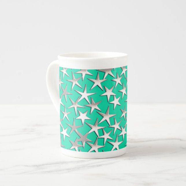 Caneca De Porcelana Estrelas prateadas na turquesa (Frente Esquerda)