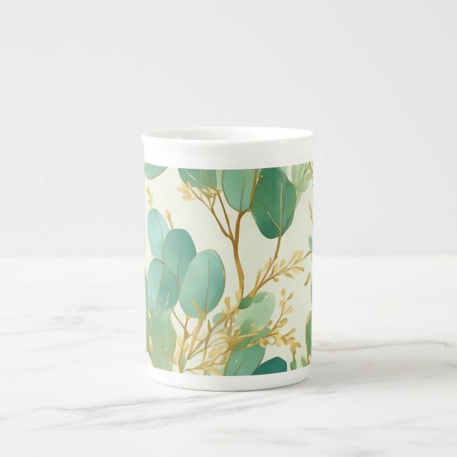 Caneca De Porcelana Eucalyptus deixa Design verde e Dourado (Frente)