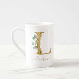 Caneca De Porcelana Eucalyptus Greenery Watercolor Monograma Dourado