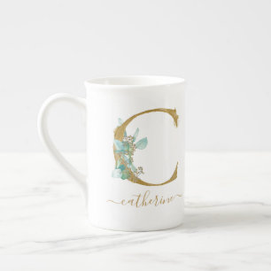 Caneca De Porcelana Eucalyptus Greenery Watercolor Monograma Dourado C