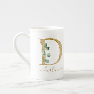 Caneca De Porcelana Eucalyptus Greenery Watercolor Monograma Dourado D