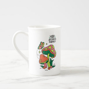 Caneca De Porcelana Faça os sonhos acontecerem   Cogumelos Coloridos B