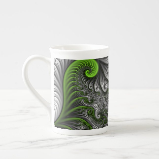 Caneca De Porcelana Fantasy Mundo Verde E Arte Fractal Cinza (Esquerda)