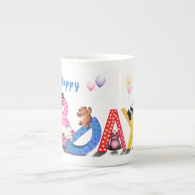 Caneca De Porcelana Feliz Aniversário - Festa de Ursos Bebês Diversão  (Frente)