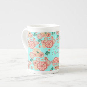 Caneca De Porcelana Feliz Aniversário - Jardim das Flores de Pêssego P