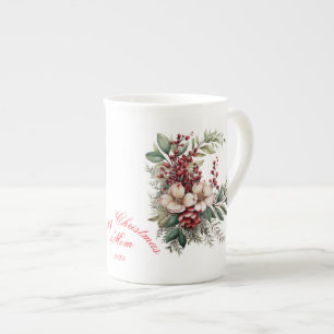 Caneca De Porcelana Feliz Natal Mãe Vermelho Branco Verde Floral