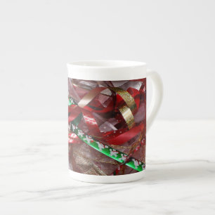 Caneca De Porcelana Feriado Vermelho e Dourado das Fitas de Natal