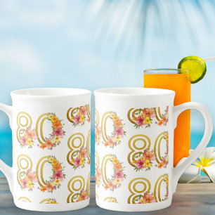 Caneca De Porcelana Festa de Aniversário de 80 anos Floral Colorida Nú