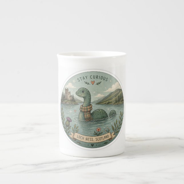 Caneca De Porcelana Fique Curioso Aconchegante Críptido Nessie Monstro (Frente)
