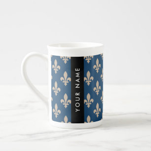 Caneca De Porcelana Fleur de Lis, Bege sobre Azul Marinho, Real, Seu N