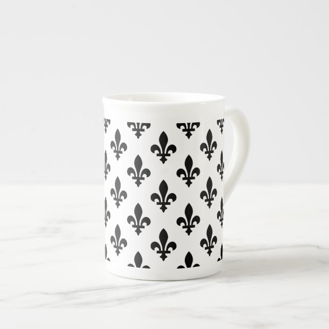 Caneca De Porcelana Fleur de Lis Pattern, Royal French, preto em branc (Frente Esquerda)