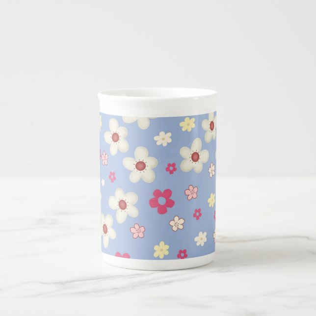 Caneca De Porcelana fleurs printanières sur fond bleu (Frente)