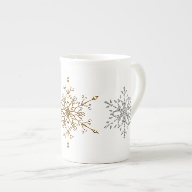 Caneca De Porcelana Flocos de neve de prata elegante e flocos de neve  (Frente Esquerda)
