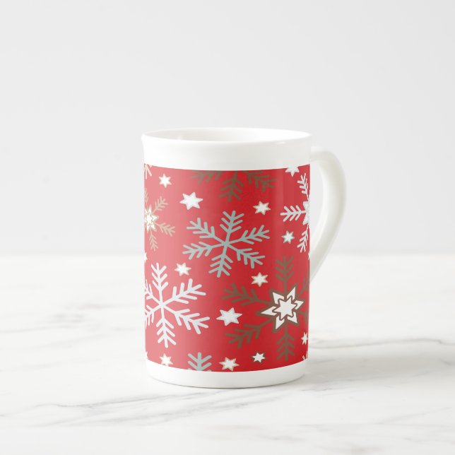 Caneca De Porcelana Flocos de Neve Vermelhos  (Frente Esquerda)
