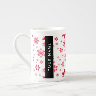 Caneca De Porcelana Flocos de neve vermelhos, seu nome, personalize