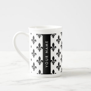 Caneca De Porcelana Flor de Lis, Preto sobre Branco, Preto, Seu Nome