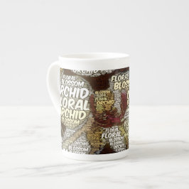Caneca De Porcelana Flor Orquídea Sobre Nuvem de Palavras Turva