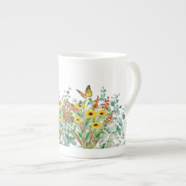 Caneca De Porcelana Florais Flor de Campo e Borboletas  