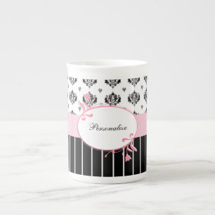 Caneca De Porcelana Floral cor-de-rosa chique do damasco preto e