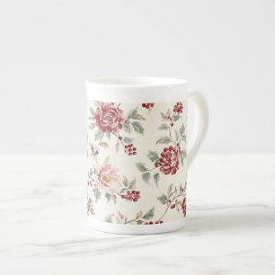 Caneca De Porcelana Floral Creme Vermelho Pretty Chic  