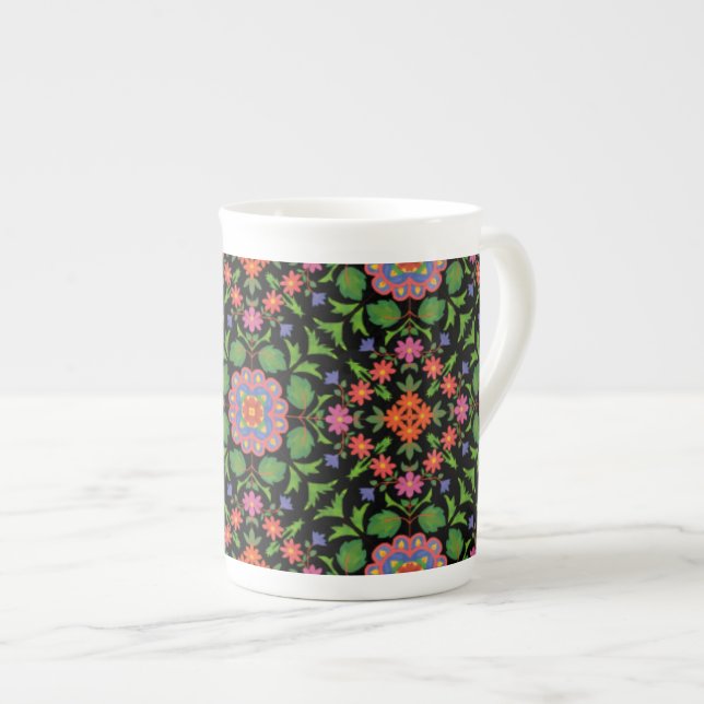 Caneca De Porcelana Floral Rangoli Patterno sobre Black China Mug (Frente Esquerda)