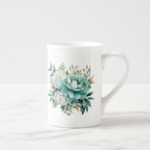 Caneca De Porcelana Floral Turquesa