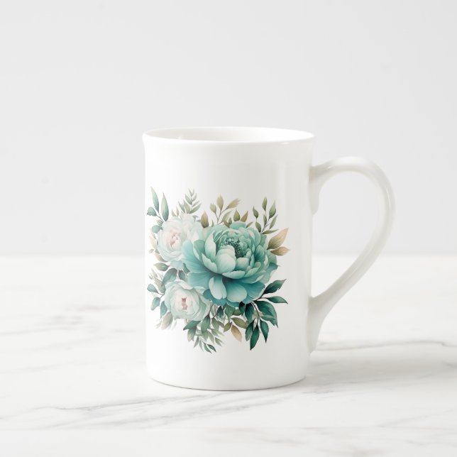 Caneca De Porcelana Floral Turquesa  (Direita)