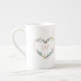 Caneca De Porcelana Floral Watercolor Heart with Leaves in Pink