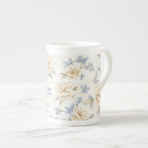 Caneca De Porcelana Flores Azuis Creme Bonitas Românticas  