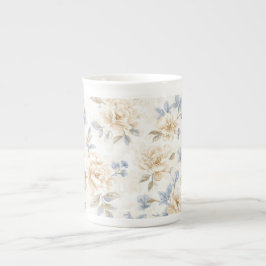 Caneca De Porcelana Flores Azuis Creme Românticas Bonitas  