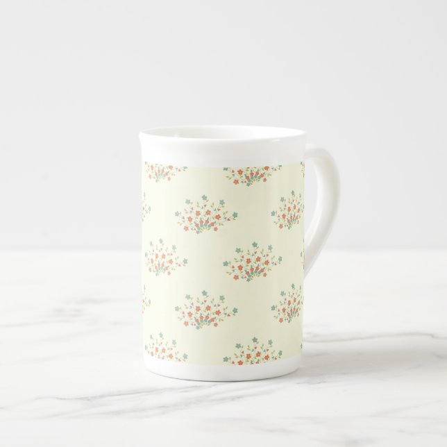 Caneca De Porcelana Flores Azuis, Flores Vermelhas, Padrão De Flores (Frente Esquerda)