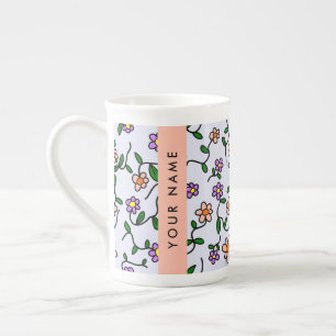 Caneca De Porcelana Flores Coloridas, Fundo Azul, Laranja