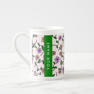 Caneca De Porcelana Flores Coloridas, Fundo Rosa, Verde
