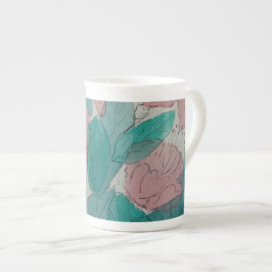 Caneca De Porcelana flores cor-de-rosa e folhas florais