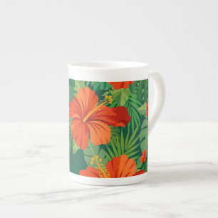 Caneca De Porcelana Flores de Hibisco Vermelho Laranja Verde Folhagem 