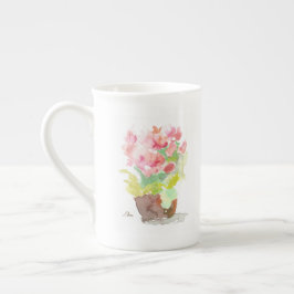 Caneca De Porcelana Flores de Mola de Aquarela em um Pote de Cinza