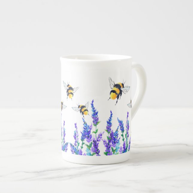 Caneca De Porcelana Flores de primavera e Abelhas Voando Osso China Mu (Frente Esquerda)