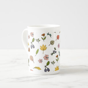 Caneca De Porcelana Flores e folhas cor-de-rosa e amarelas