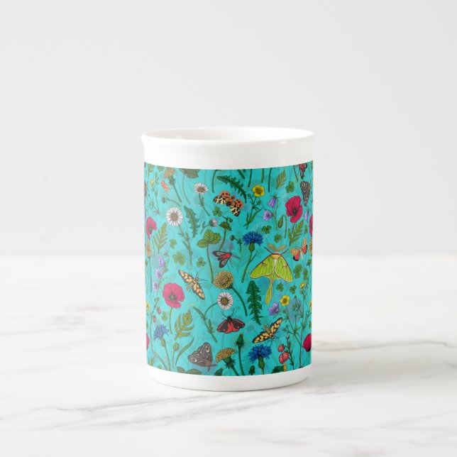 Caneca De Porcelana Flores e mariposas selvagens em teal (Frente)