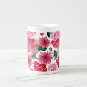 Caneca De Porcelana Flores florais, vermelhas e rosa, de cor aquosa