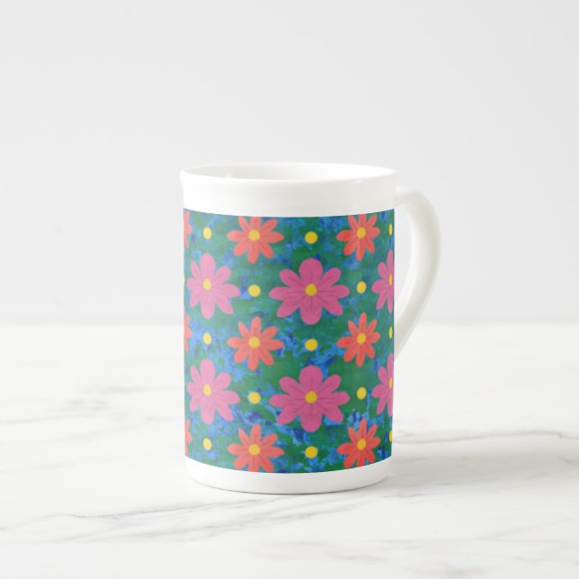 Caneca De Porcelana Flores Rangoli e Bolinhas Ossos China Mug (Frente Esquerda)