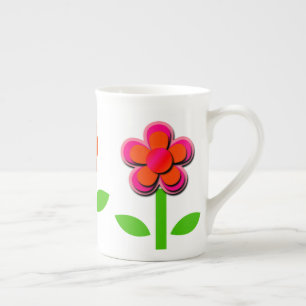 Caneca De Porcelana Flores Rosa Quente e Laranja