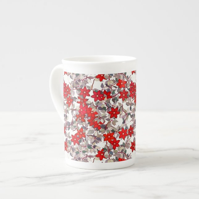 Caneca De Porcelana Flores vermelhas e folhas cinza prateado (Frente Esquerda)