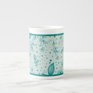 Caneca De Porcelana Folhagem Desenhada à Mão em Verde Azulado
