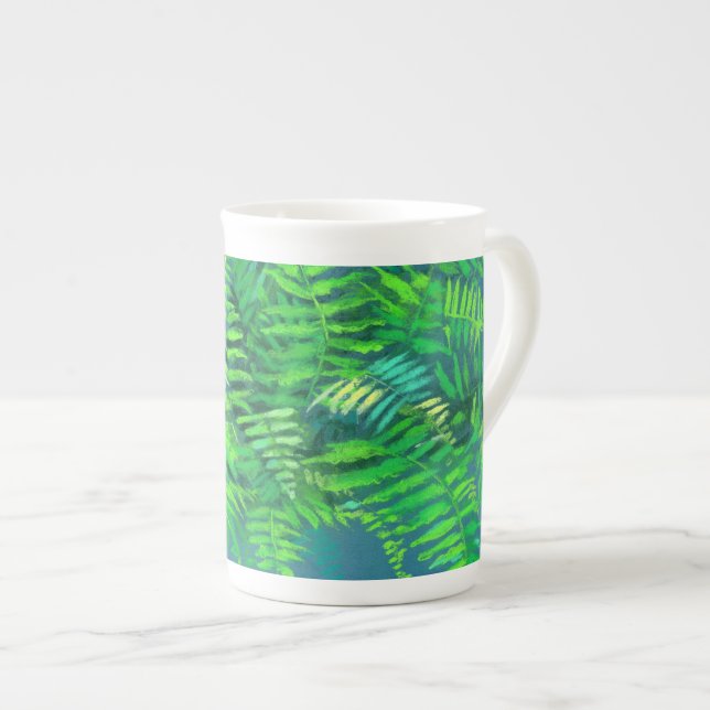 Caneca De Porcelana Folhas de cereais, design floral, verde, azul e ve (Frente Esquerda)