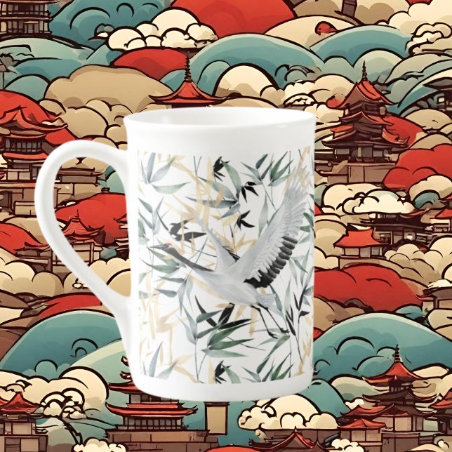 Caneca De Porcelana Folhas de pássaros japoneses bonitos (Criador carregado)