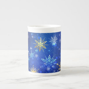 Caneca De Porcelana Fundo Azul XMAS com Flocos de Neve Ouro