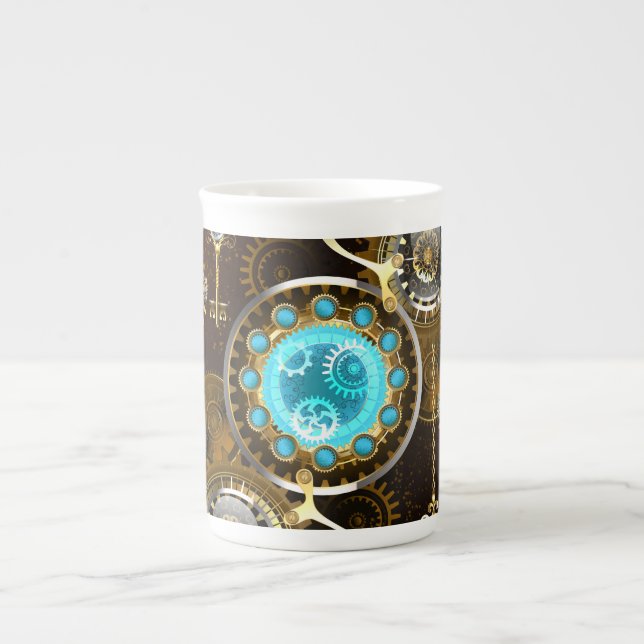 Caneca De Porcelana Fundo Rusty Steampunk com Lentes Turquesa (Frente)