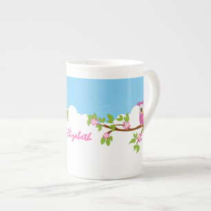 Caneca De Porcelana Garota coruja em um galho com osso China Mug